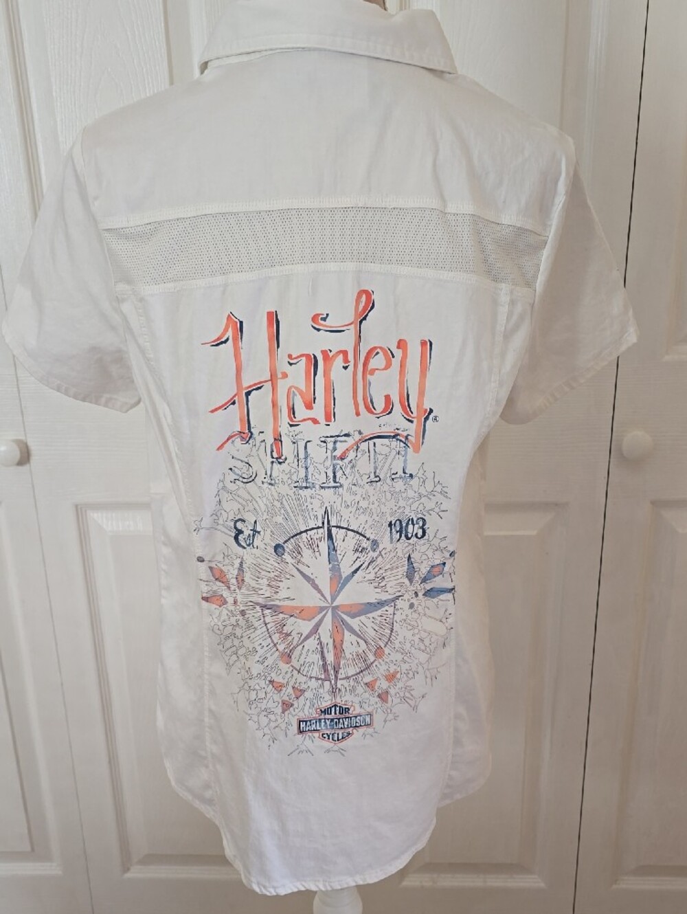WOMENS Large Harley-Davidson White Short Sleeve Button Down Shirt w/ Orange Zip - Picture 2 of 5